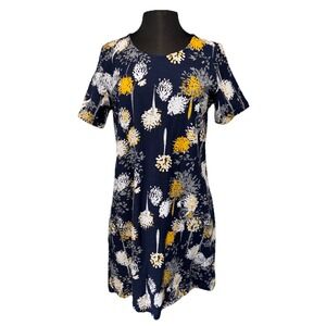 NEW Komil Floral Dress Women's Size Medium Navy Blue Short Sleeve Pockets Cotton